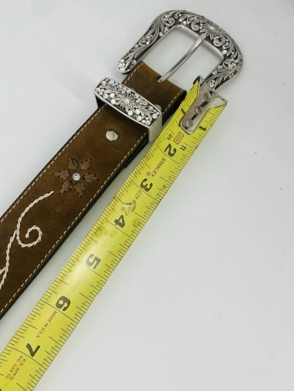 Nocona Belt Co Brown Western Embroidered Leather Belt Large Floral Silver Buckle